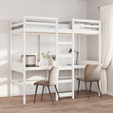 Cadru Pat Supraetajat vidaXL, 90x190 cm, Lemn Masiv Pin, Alb, Birou+Rafturi, Fara Saltea