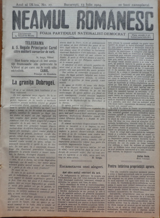 Ziarul Neamul romanesc , nr. 27 , 1914 , din perioada antisemita a lui N. Iorga