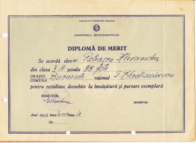 QW13 11 - 1955 - diploma - clasa 5 - Scoala 95 fete raionul T Vladimirescu foto