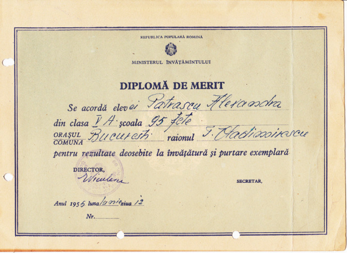 QW13 11 - 1955 - diploma - clasa 5 - Scoala 95 fete raionul T Vladimirescu