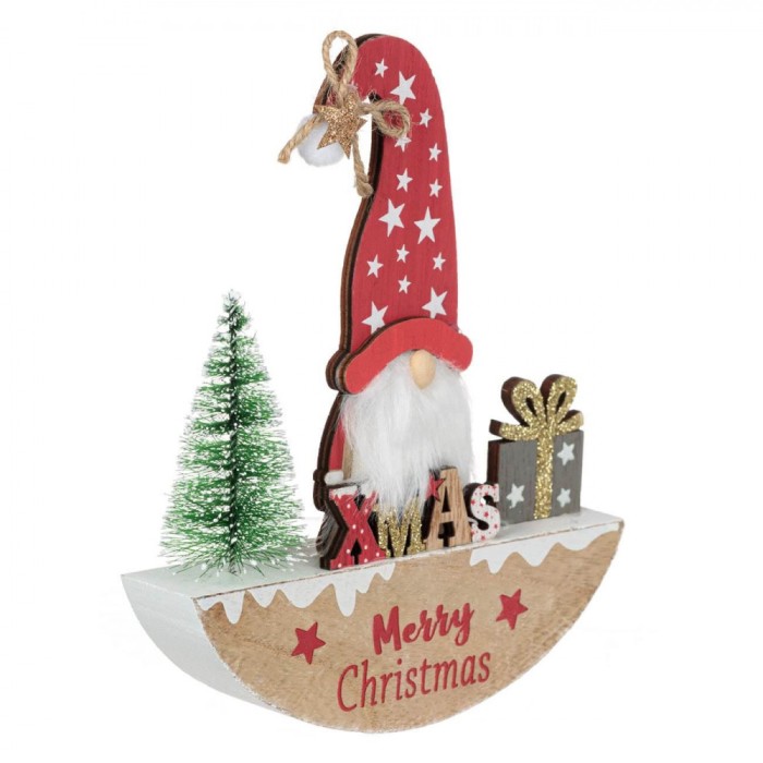 Decorațiune Crăciun Lemn, Suport Semicerc, Gnome, Cadou Glitter Bej șampanie, Brad Verde, 18cm