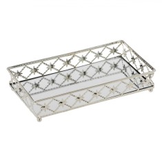 Suport Dreptunghiular pentru Lum&acirc;nări, Model Oglindă, Margine Argintie cu Romburi, 25x14.5x4cm