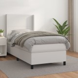 VidaXL Pat box spring cu saltea, alb, 90x190 cm, piele ecologică