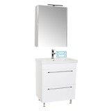 Set mobilier baie cu lavoar ceramic, GN0541, front MDF, 2 sertare, 60 cm, picioare cromate reglabile si dulap cu oglinda GN5011, MDF, iluminare led, c