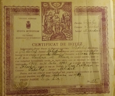 M3 C18 - 1943 - Certificat de botez - Parohia Baclesu - jud Mehedinti foto