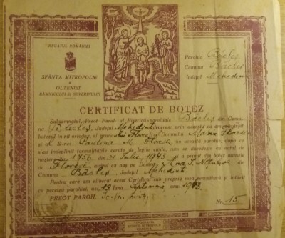 QW13 12 - 1943 - Certificat de botez - Parohia Baclesu - jud Mehedinti foto