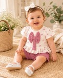 Set 2 piese din muselina pentru fete cu imprimeu inimioare si fundita (Marime