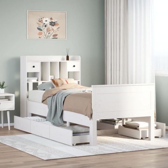 vidaXL Pat cu bibliotecă fără saltea, alb, 75x190 cm, lemn masiv pin 3308946