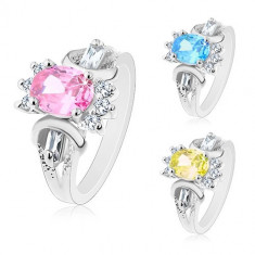 Inel argintiu, oval șlefuit colorat, zirconii rotunde și alungite transparente - Marime inel: 54, Culoare: Roz