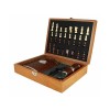 Set Cadou Sah Plosca Pahare Lemn Natural Inox Piele Piese Sah Cutie 32 Piese Watchbox