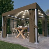 VidaXL Pavilion cu perdea &amp; șir de lumini LED, gri taupe, 3x3 m