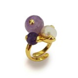 Cumpara ieftin Inel Argint 925 placat aur, Trilogy cu Ametist &amp; Perla cultura 8mm, reglabil. Bijuterie handmade Made in Italy. Cutie cadou