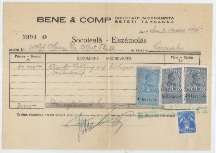 Romania, Bene &amp; Comp, Societate in comandita, Socoteala, Arad, 1935