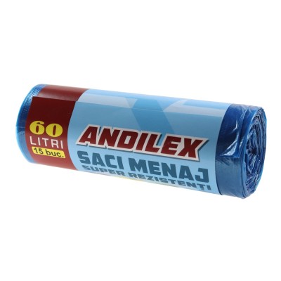 Saci menajeri / gunoi Andilex, super rezistenti, albastru, 60 L, 15 buc foto