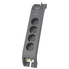 Prelungitor surge proctec Philips, 4 prize, 16 A, 4000 W, protectie supraincalzire, indicatori de proctectie, Power Blocker, cablu 2 m, Gri
