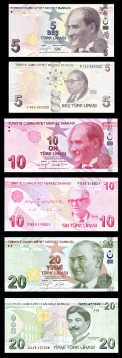 TURCIA █ SET █ 5 + 10 + 20 Lira █ 2009 █ P-222f-223f-224f █ Seria F-F-G █ UNC