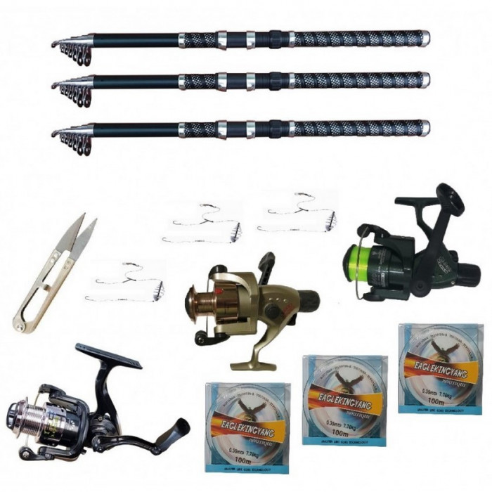 Set pescuit sportiv cu 3 lansete 2.7 m Ultra Carp, 3 mulinete, trei gute, monturi si foarfeca