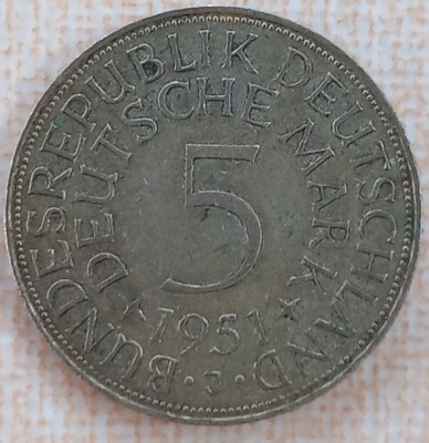 (A529) MONEDA DIN ARGINT GERMANIA - 5 MARK 1951, LIT J, 11,2 GRAME. PURITATE 625 foto