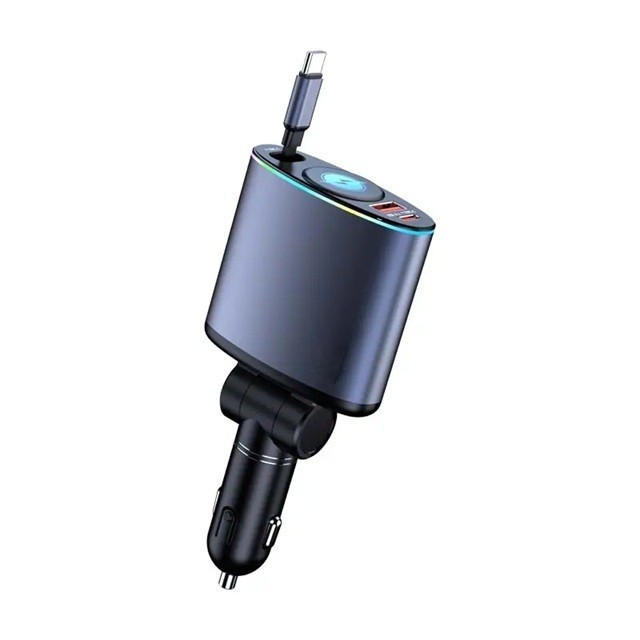 Incarcator auto Fast Charge retractabil ZYTEQ&reg;️, unghi ajustabil, afisaj digital, cablu retractabil Type C, 2 porturi USB si USB-C, gri