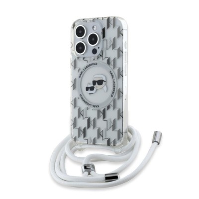 Husa pentru iPhone 15 Pro - Karl Lagerfeld IML Crossbody MagSafe (KLHMP15LHCKCKLCT) - Transparent Monogram Karl&amp;amp;Choupette Head foto