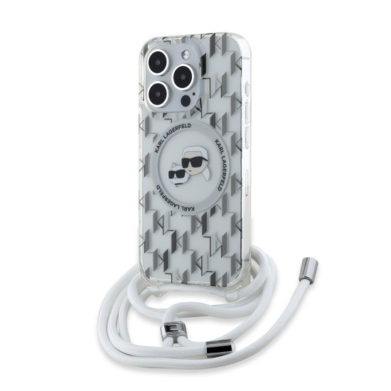 Husa pentru iPhone 15 Pro - Karl Lagerfeld IML Crossbody MagSafe (KLHMP15LHCKCKLCT) - Transparent Monogram Karl&amp;Choupette Head
