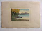 CY Tablou miniatura vechi &quot;Barca la malul apei&quot; u / c semnat indescifrabil 1940, Natura, Ulei, Realism