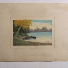 CY Tablou miniatura vechi "Barca la malul apei" u / c semnat indescifrabil 1940