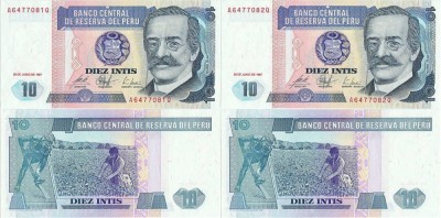 2 x 1987 ( 26 VI ) , 10 intis ( P-129 ) - Peru - stare UNC foto