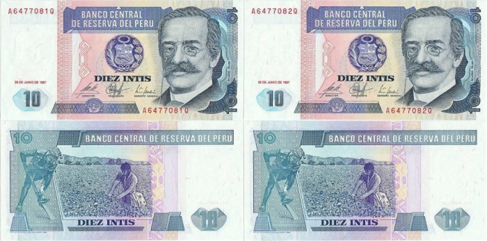 2 x 1987 ( 26 VI ) , 10 intis ( P-129 ) - Peru - stare UNC