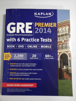 GRE (Graduate Record Examination) PREMIER 2014 with 6 Practice Tests BOOK+ DVD + ONLINE + MOBILE - Kaplan Publishing, 2013 foto