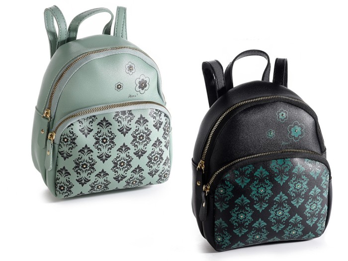 2 Mini Rucsacuri piele ecologica cu buzunar, 19x10x21 cm, negru si verde menta