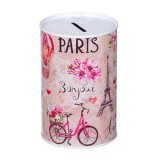 Pusculita Bonjour, forma cilindrica cu model Paris, Metal, Roz, 9x12 cm, Oem
