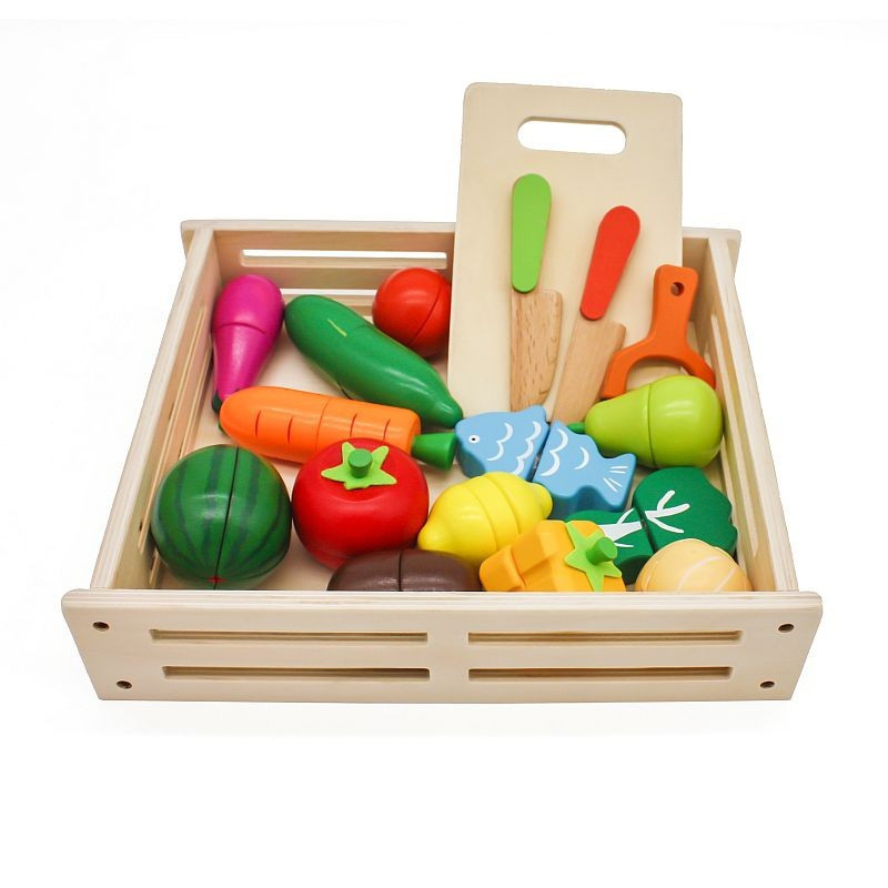 Set ladita cu fructe si legume din lemn, pentru feliat, tocator, cutite,  prindere magnetica | Okazii.ro