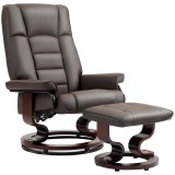 HOMCOM Fotoliu de relaxare cu taburet, rotativ &amp; inalt reglabil, piele ecologică, p&acirc;nă la 150 kg, cadru din lemn, Maro | Aosom Romania