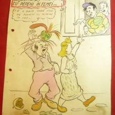 Caricatura anii '50- Acuarela -Aruncari cu pepeni- dim.=21x29cm