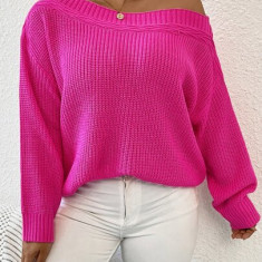 Pulover cu umar gol, model tricotat, roz