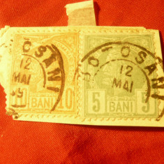2 Timbre 10 bani rosu si 5 bani verde - Vulturi 1885 , pe fragment , stampilate