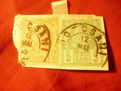 2 Timbre 10 bani rosu si 5 bani verde - Vulturi 1885 , pe fragment , stampilate foto