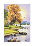 Cumpara ieftin Tablou apus de soare cu barca, casa si iola pictat manual, 50x35cm pictura ulei pe panza
