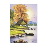 Tablou apus de soare cu barca, casa si iola pictat manual, 50x35cm pictura ulei pe panza