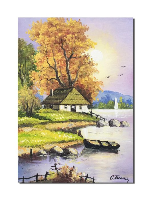 Tablou apus de soare cu barca, casa si iola pictat manual, 50x35cm pictura ulei pe panza