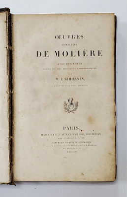 OEUVRES COMPLETES DE MOLIERE par M. J. SIMONNIN - PARIS, 1825 foto