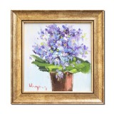 Tablou cu rama pictat manual, Aranjament floral minimalist, 25x25cm ulei pe panza in cutit efect 3D, Geo Ungureanu