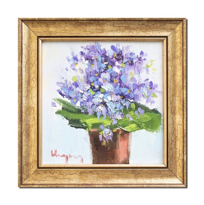 Tablou cu rama pictat manual, Aranjament floral minimalist, 25x25cm ulei pe panza in cutit efect 3D, Geo Ungureanu