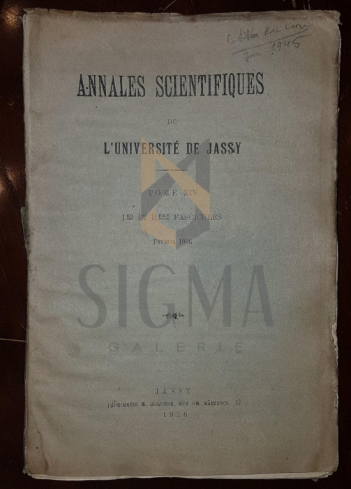 I. BORCEA, ANNALES SCIENTIFIQUES DE L&#039;UNIVERSITE DE JASSY, TOME XIV, FASCICULELE I SI II, FEBRUARIE 1926