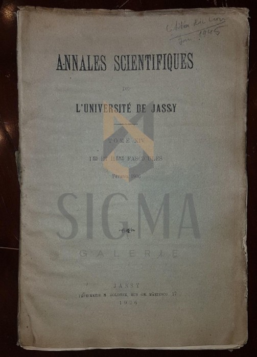 I. BORCEA, ANNALES SCIENTIFIQUES DE L&#039;UNIVERSITE DE JASSY, TOME XIV, FASCICULELE I SI II, FEBRUARIE 1926