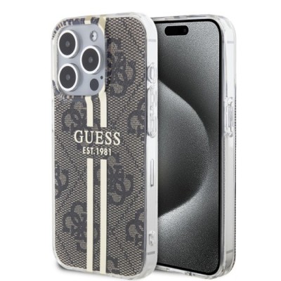 Husa pentru iPhone 15 Pro Max - Guess Hardcase IML 4G Gold Stripe (GUHCP15XH4PSEGW) - Brown foto