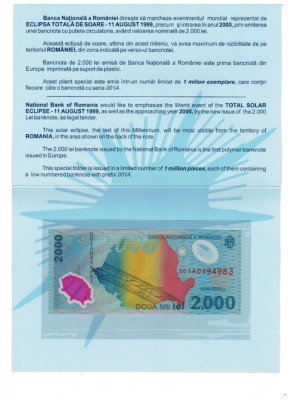 Romania 1999 - Folder cu bancnota 2000 lei, eclipsa, UNC foto