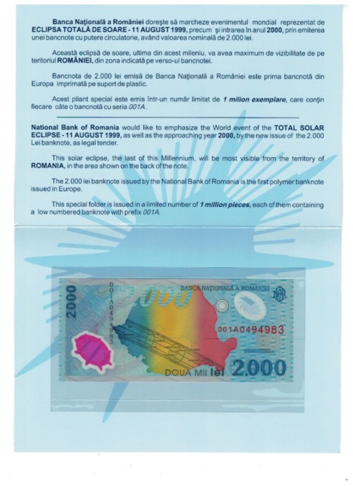 Romania 1999 - Folder cu bancnota 2000 lei, eclipsa, UNC