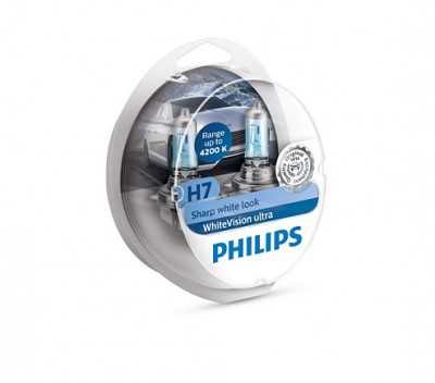 Set 2 becuri auto cu halogen pentru far Philips SHARP White Vision Ultra H7 12V 55W PX26D, 12972WVUSM foto